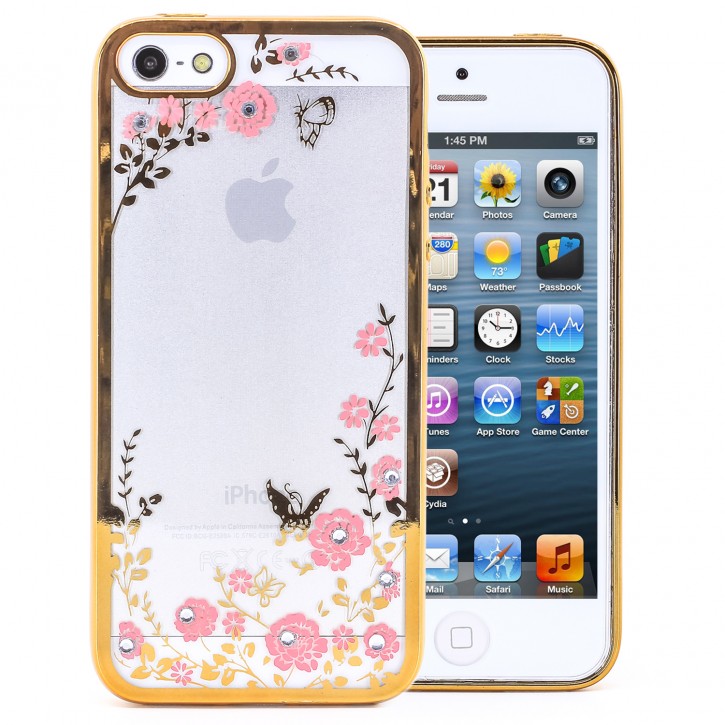 COOVY® Cover für Apple iPhone 5 / 5s / SE leichtes, ultradünnes TPU Silikon Bumper Case, Hülle, Slim, Blumen Design mit Strasssteinen | 