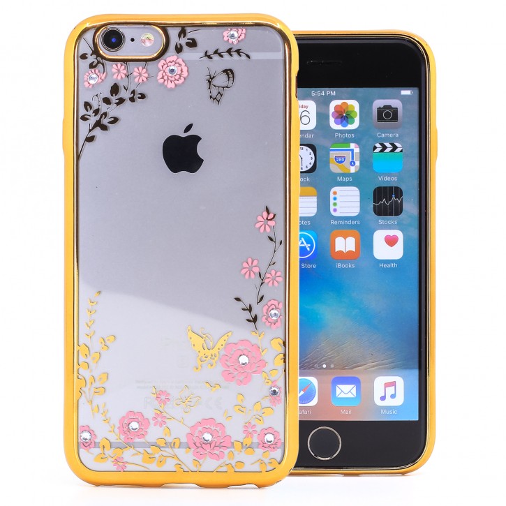 COOVY® Cover für Apple iPhone 6 / 6s leichtes, ultradünnes TPU Silikon Bumper Case, Hülle, Slim, Blumen Design mit Strasssteinen | 