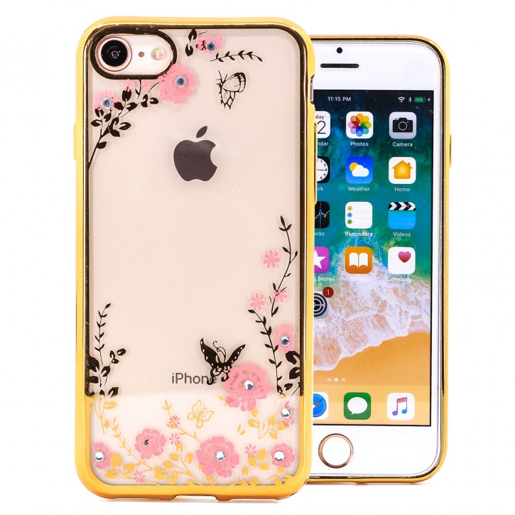 COOVY® Cover für Apple iPhone 7 / 8 leichtes, ultradünnes TPU Silikon Bumper Case, Hülle, Slim, Blumen Design mit Strasssteinen | 