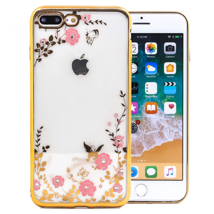 COOVY® Cover für Apple iPhone 7 + plus / 8 + plus leichtes, ultradünnes TPU Silikon Bumper Case, Hülle, Slim, Blumen Design mit Strasssteinen | 