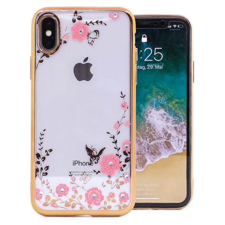 COOVY® Cover für Apple iPhone X / Xs leichtes, ultradünnes TPU Silikon Bumper Case, Hülle, Slim, Blumen Design mit Strasssteinen | 