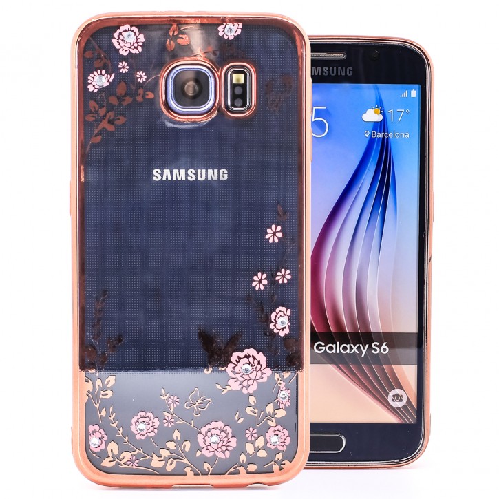COOVY® Cover für Samsung Galaxy S6 SM-G920F SM-G920 leichtes, ultradünnes TPU Silikon Bumper Case, Hülle, Slim, Blumen Design mit Strasssteinen | 