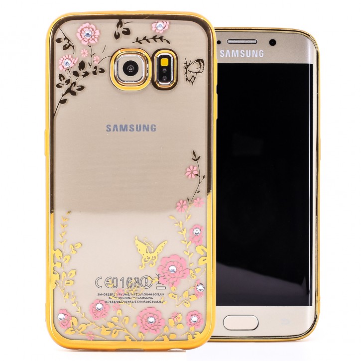 COOVY® Cover für Samsung Galaxy S6 EDGE SM-G925F SM-G925 leichtes, ultradünnes TPU Silikon Bumper Case, Hülle, Slim, Blumen Design mit Strasssteinen | 