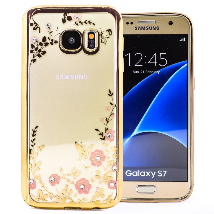 COOVY® Cover für Samsung Galaxy S7 SM-G930F SM-G930 leichtes, ultradünnes TPU Silikon Bumper Case, Hülle, Slim, Blumen Design mit Strasssteinen | 