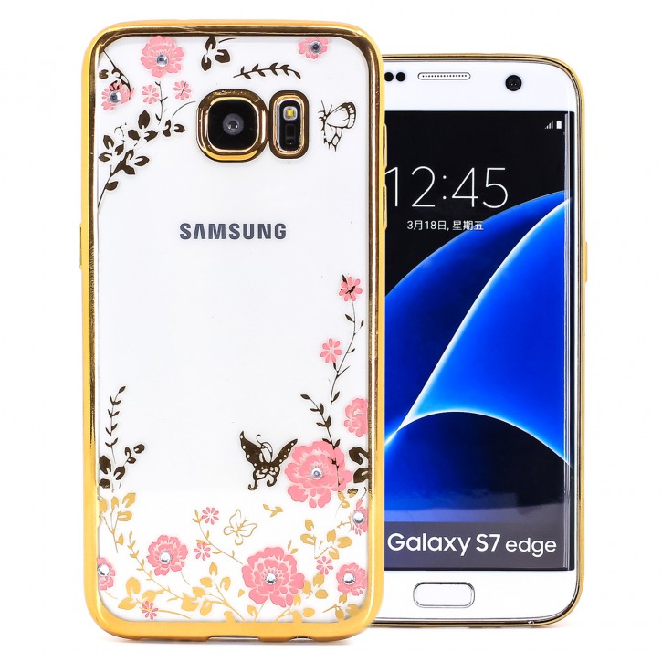 COOVY® Cover für Samsung Galaxy S7 EDGE SM-G935F SM-G935 leichtes, ultradünnes TPU Silikon Bumper Case, Hülle, Slim, Blumen Design mit Strasssteinen | 