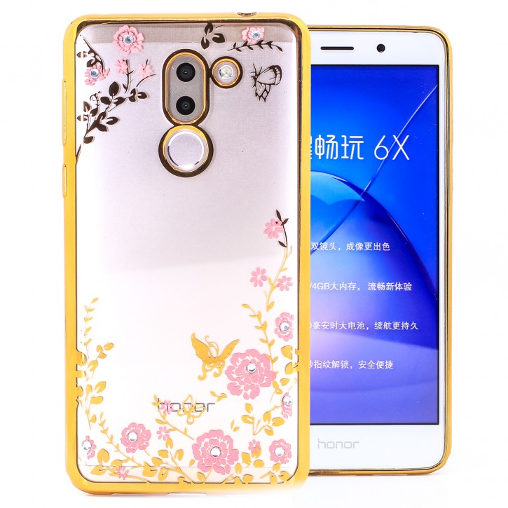 COOVY® Cover für Huawei Honor 6x / Mate 9 lite / GR5 2017 leichtes, ultradünnes TPU Silikon Bumper Case, Hülle, Slim, Blumen Design mit Strasssteinen | 