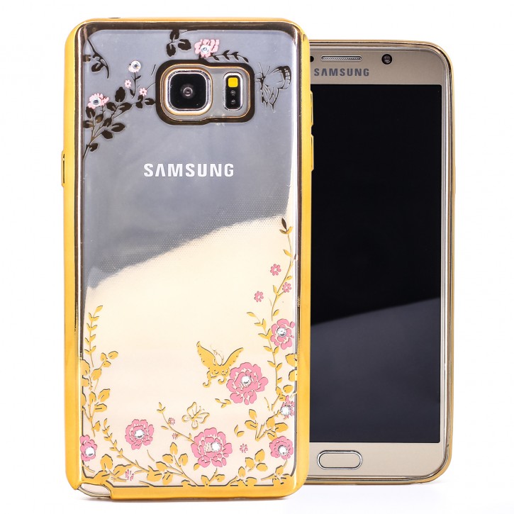 COOVY® Cover für Samsung Galaxy Note 5 SM-N920 / SM-920F leichtes, ultradünnes TPU Silikon Bumper Case, Hülle, Slim, Blumen Design mit Strasssteinen | 