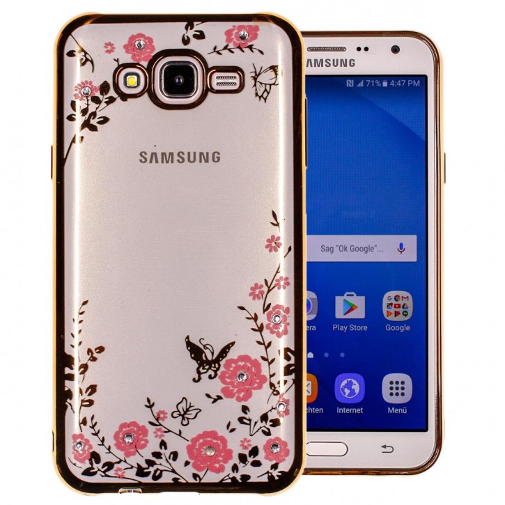 COOVY® Cover für Samsung Galaxy J7 SM-J700 / SM-J700F / SM-J700F/DS (Model 2015) leichtes, ultradünnes TPU Silikon Bumper Case, Hülle, Slim, Blumen Design mit Strasssteinen | 