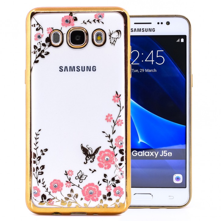 COOVY® Cover für Samsung Galaxy J5 SM-J510 SM-J510F/DS (Model 2016) leichtes, ultradünnes TPU Silikon Bumper Case, Hülle, Slim, Blumen Design mit Strasssteinen | 
