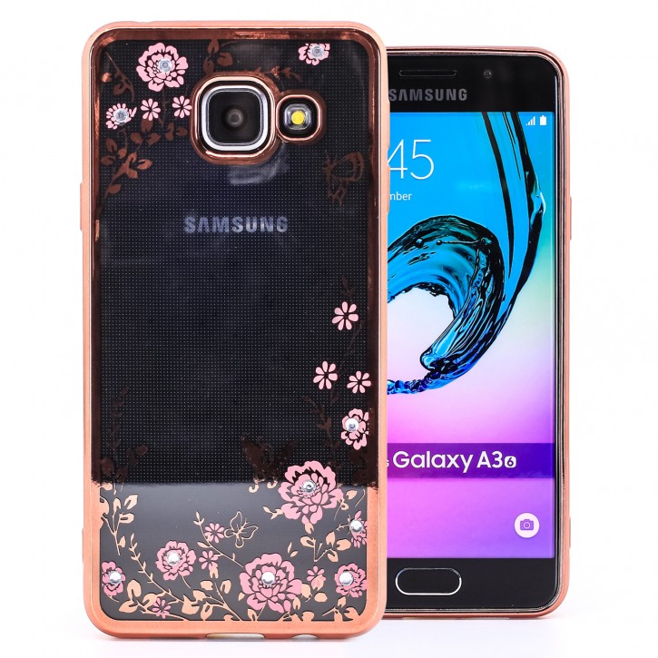 COOVY® Cover für Samsung Galaxy A3 SM-A310 / SM-A310F (Model 2016) leichtes, ultradünnes TPU Silikon Bumper Case, Hülle, Slim, Blumen Design mit Strasssteinen | 