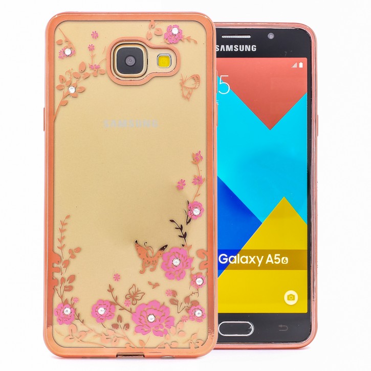 COOVY® Cover für Samsung Galaxy A5 SM-A510 / SM-A510F (Model 2016) leichtes, ultradünnes TPU Silikon Bumper Case, Hülle, Slim, Blumen Design mit Strasssteinen | 