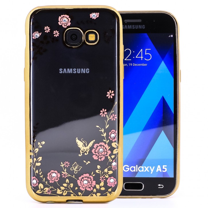 COOVY® Cover für Samsung Galaxy A5 SM-A520 / SM-A520F (Model 2017) leichtes, ultradünnes TPU Silikon Bumper Case, Hülle, Slim, Blumen Design mit Strasssteinen | 
