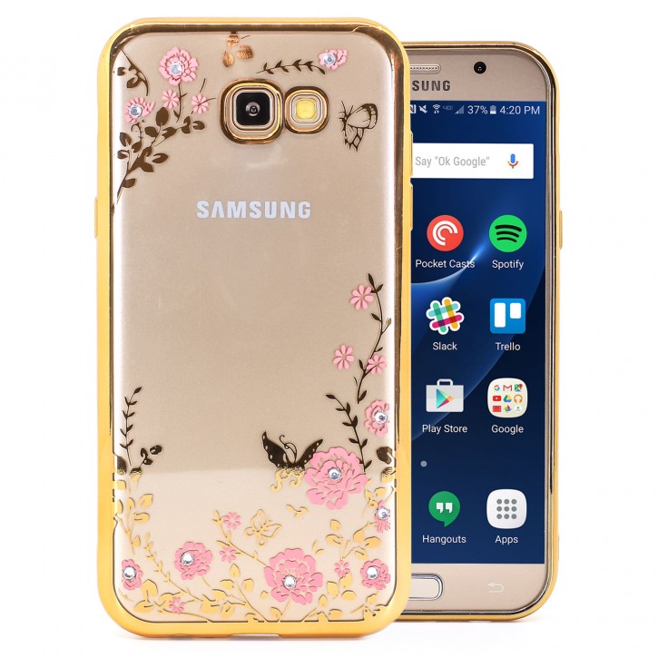 COOVY® Cover für Samsung Galaxy A7 SM-A720 / SM-A720F (Model 2017) leichtes, ultradünnes TPU Silikon Bumper Case, Hülle, Slim, Blumen Design mit Strasssteinen | 
