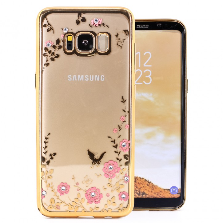 COOVY® Cover für Samsung Galaxy S8 SM-G950F / SM-G950FD leichtes, ultradünnes TPU Silikon Bumper Case, Hülle, Slim, Blumen Design mit Strasssteinen | 