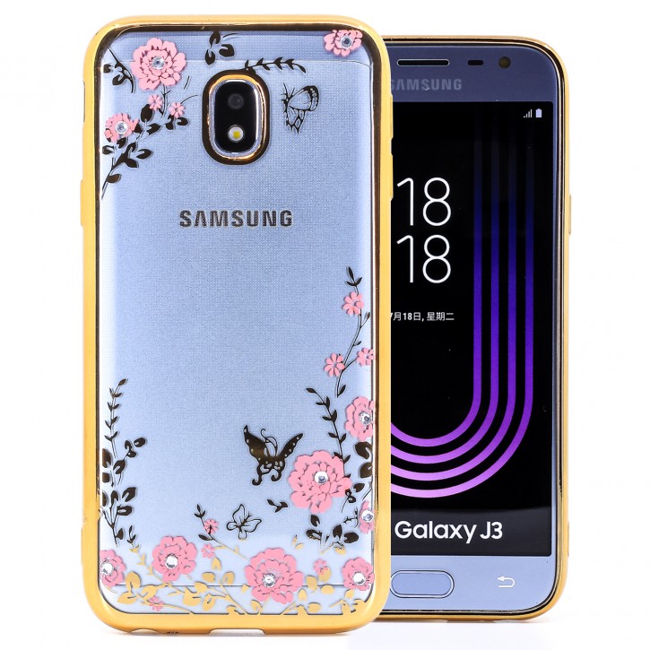 COOVY® Cover für Samsung Galaxy J3 SM-J330G / SM-J330F/DS (Model 2017) / J3 pro leichtes, ultradünnes TPU Silikon Bumper Case, Hülle, Slim, Blumen Design mit Strasssteinen | 