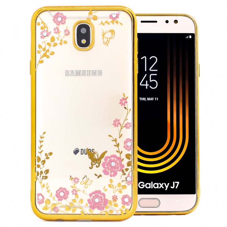 COOVY® Cover für Samsung Galaxy J7 SM-J730GM / SM-J730F/DS (Model 2017) / J7 pro  leichtes, ultradünnes TPU Silikon Bumper Case, Hülle, Slim, Blumen Design mit Strasssteinen | 