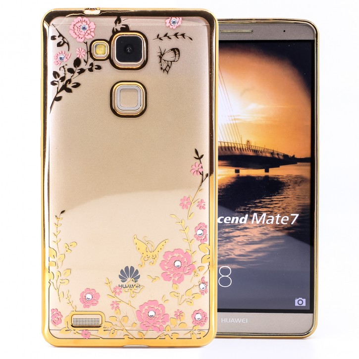 COOVY® Cover für Huawei Mate 7 leichtes, ultradünnes TPU Silikon Bumper Case, Hülle, Slim, Blumen Design mit Strasssteinen | 