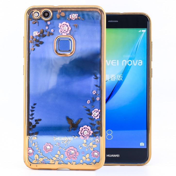 COOVY® Cover für Huawei P10 lite / NOVA lite leichtes, ultradünnes TPU Silikon Bumper Case, Hülle, Slim, Blumen Design mit Strasssteinen | 