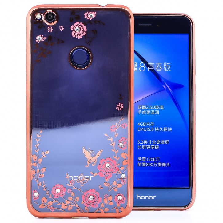 COOVY® Cover für Huawei P8 lite / Honor 8 lite (Model 2017) leichtes, ultradünnes TPU Silikon Bumper Case, Hülle, Slim, Blumen Design mit Strasssteinen | 