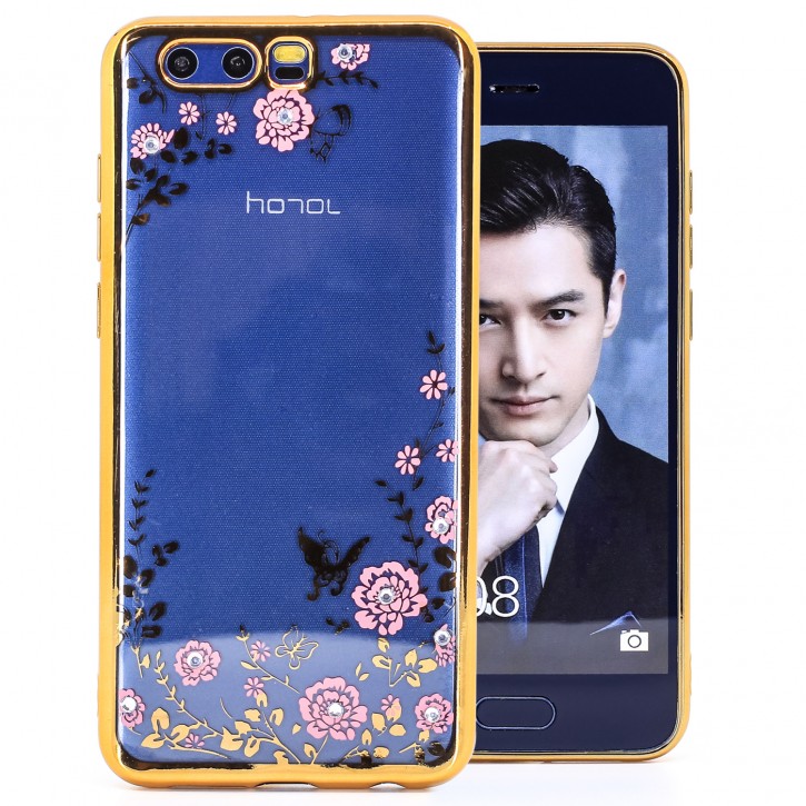 COOVY® Cover für Huawei Honor 9 leichtes, ultradünnes TPU Silikon Bumper Case, Hülle, Slim, Blumen Design mit Strasssteinen | 