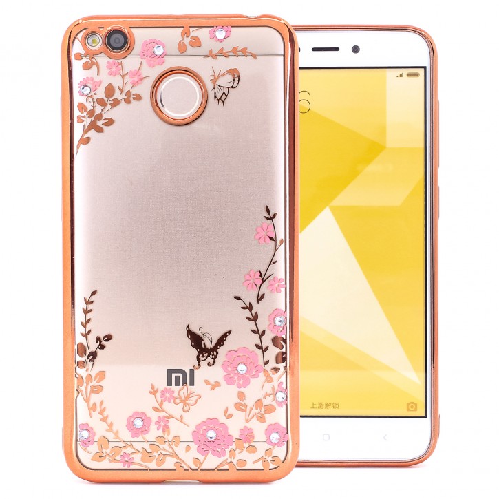 COOVY® Cover für Xiaomi Redmi 4 / 4X leichtes, ultradünnes TPU Silikon Bumper Case, Hülle, Slim, Blumen Design mit Strasssteinen | 
