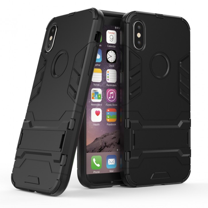 COOVY® Cover für Apple iPhone X / Xs Bumper Case, Doppelschicht aus Plastik + TPU-Silikon, extra stark, Anti-Shock Hülle, Standfunktion | 
