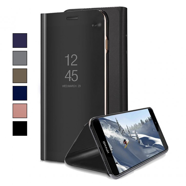 COOVY® Cover für Huawei P8 lite / Honor 8 lite (Model 2017) metallic Optik, Clear View, luxuriöses, durchsichtiges Spiegel Fenster Case, Hülle, Standfunktion | 