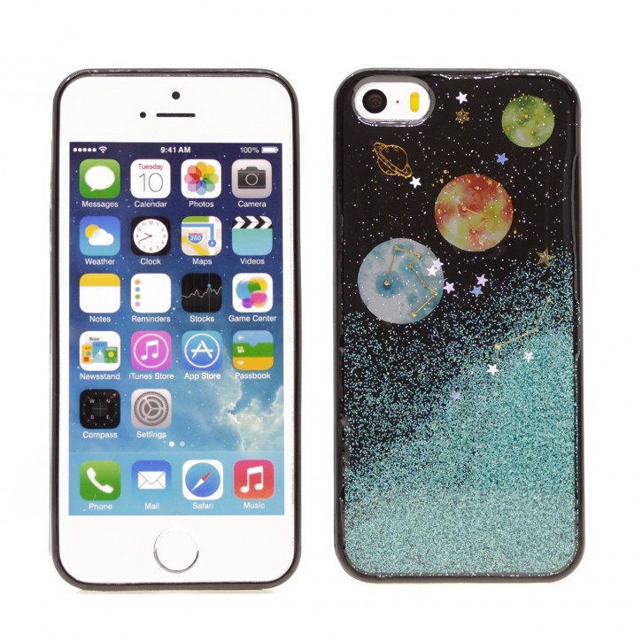 COOVY® Cover für Apple iPhone 5 / 5s / SE dünnes TPU Silikon Bumper Case, Hülle, Slim, in funkelndem „Sonne, Mond und Sterne“-Glitzer-Design | 