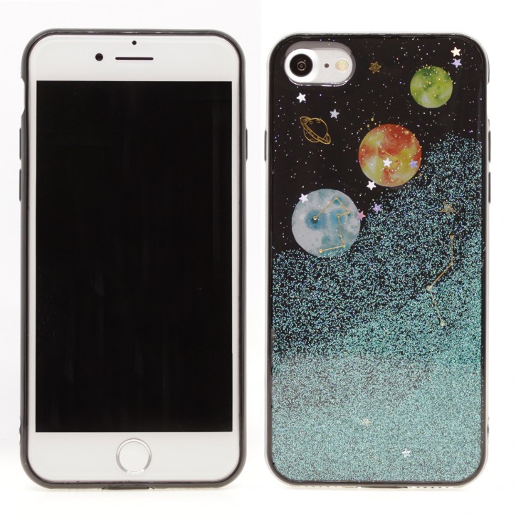COOVY® Cover für Apple iPhone 7 / 8 dünnes TPU Silikon Bumper Case, Hülle, Slim, in funkelndem „Sonne, Mond und Sterne“-Glitzer-Design | 
