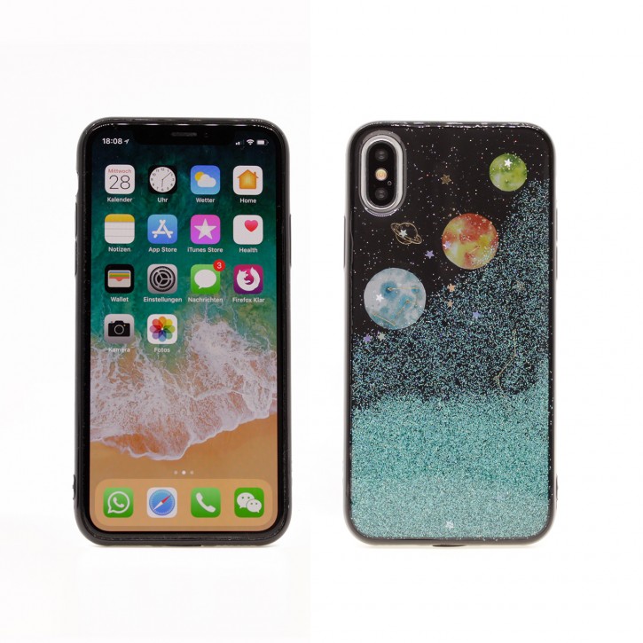 COOVY® Cover für Apple iPhone X / Xs dünnes TPU Silikon Bumper Case, Hülle, Slim, in funkelndem „Sonne, Mond und Sterne“-Glitzer-Design | 