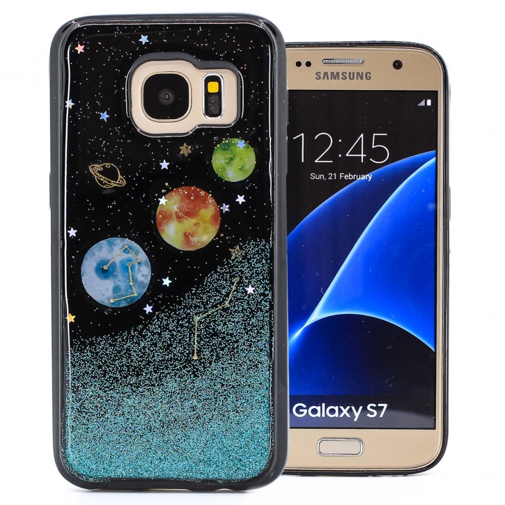 COOVY® Cover für Samsung Galaxy S7 SM-G930F SM-G930 dünnes TPU Silikon Bumper Case, Hülle, Slim, in funkelndem „Sonne, Mond und Sterne“-Glitzer-Design | 