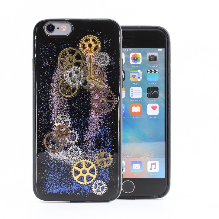 COOVY® Cover für Apple iPhone 6 / 6s dünnes TPU Silikon Bumper Case, Hülle, Slim, Glitzer-Design Case mit Metallzahnrädern | 