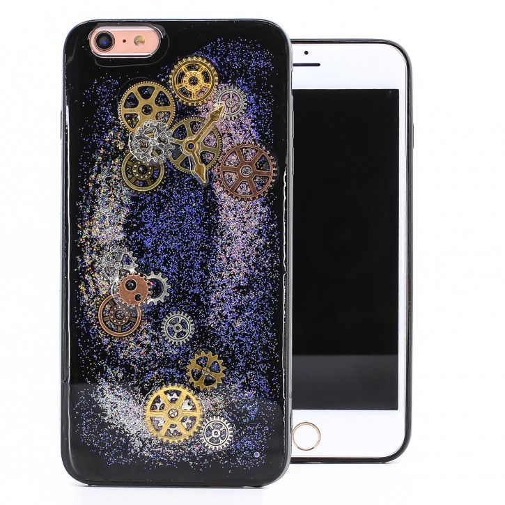 COOVY® Cover für Apple iPhone 6 + plus dünnes TPU Silikon Bumper Case, Hülle, Slim, Glitzer-Design Case mit Metallzahnrädern | 