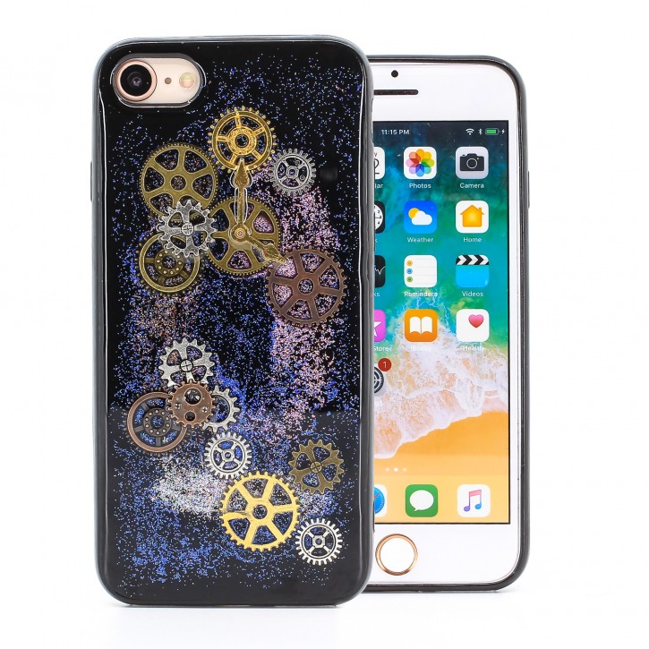 COOVY® Cover für Apple iPhone 7 / 8 dünnes TPU Silikon Bumper Case, Hülle, Slim, Glitzer-Design Case mit Metallzahnrädern | 