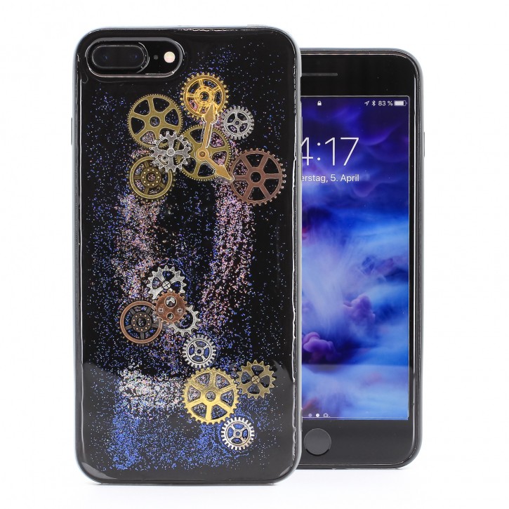 COOVY® Cover für Apple iPhone 7 + plus / 8 + plus dünnes TPU Silikon Bumper Case, Hülle, Slim, Glitzer-Design Case mit Metallzahnrädern | 