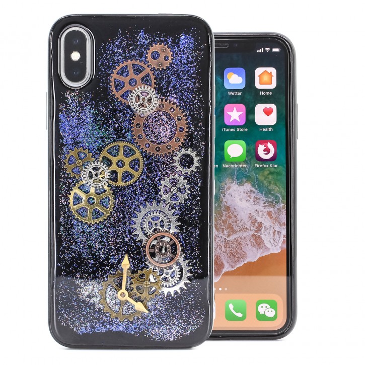 COOVY® Cover für Apple iPhone X / Xs dünnes TPU Silikon Bumper Case, Hülle, Slim, Glitzer-Design Case mit Metallzahnrädern | 
