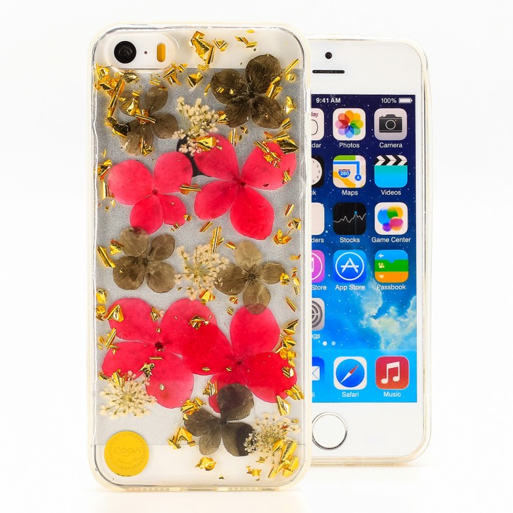COOVY® Cover für Apple iPhone 5 / 5s / SE dünnes TPU Silikon Bumper Case, Hülle, Slim, Glitzer-Design mit echten getrockneten Blüten | 