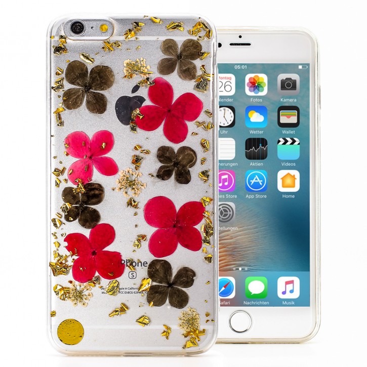 COOVY® Cover für Apple iPhone 6 + plus dünnes TPU Silikon Bumper Case, Hülle, Slim, Glitzer-Design mit echten getrockneten Blüten | 
