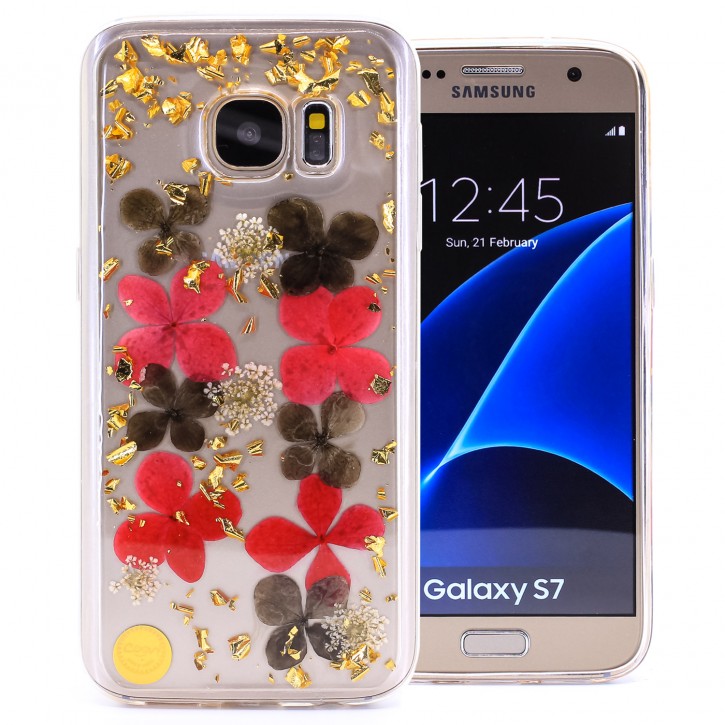 COOVY® Cover für Samsung Galaxy S7 SM-G930F SM-G930 dünnes TPU Silikon Bumper Case, Hülle, Slim, Glitzer-Design mit echten getrockneten Blüten | 