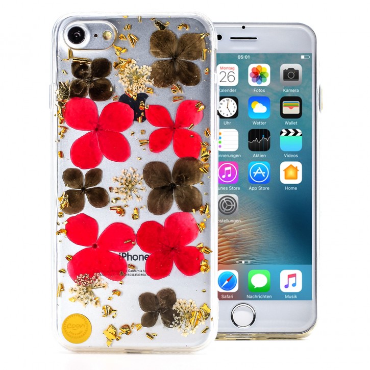 COOVY® Cover für Apple iPhone 7 / 8 dünnes TPU Silikon Bumper Case, Hülle, Slim, Glitzer-Design mit echten getrockneten Blüten | 