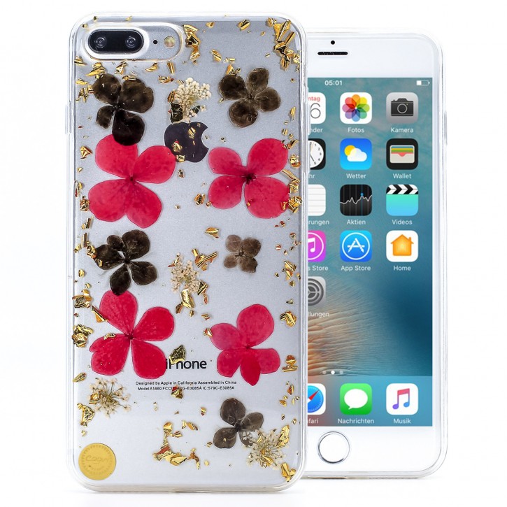 COOVY® Cover für Apple iPhone 7 + plus / 8 + plus dünnes TPU Silikon Bumper Case, Hülle, Slim, Glitzer-Design mit echten getrockneten Blüten | 