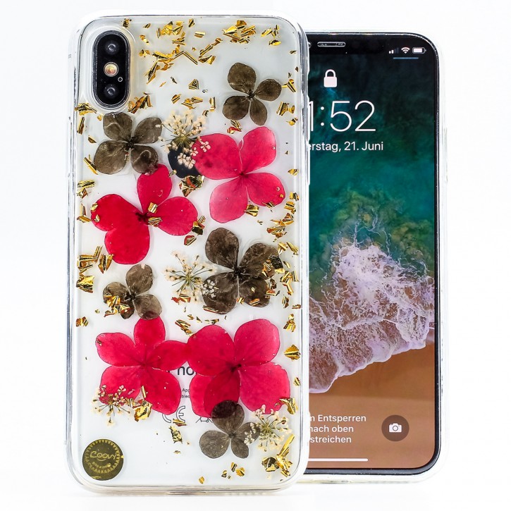 COOVY® Cover für Apple iPhone X / Xs dünnes TPU Silikon Bumper Case, Hülle, Slim, Glitzer-Design mit echten getrockneten Blüten | 
