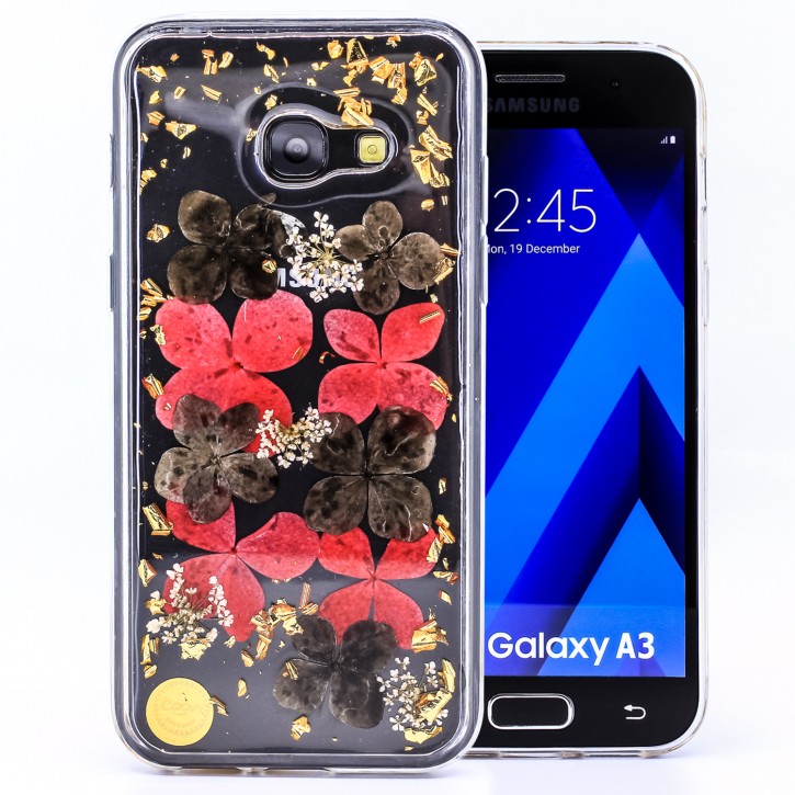 COOVY® Cover für Samsung Galaxy A3 SM-A320 / SM-A320F (Model 2017) dünnes TPU Silikon Bumper Case, Hülle, Slim, Glitzer-Design mit echten getrockneten Blüten | 