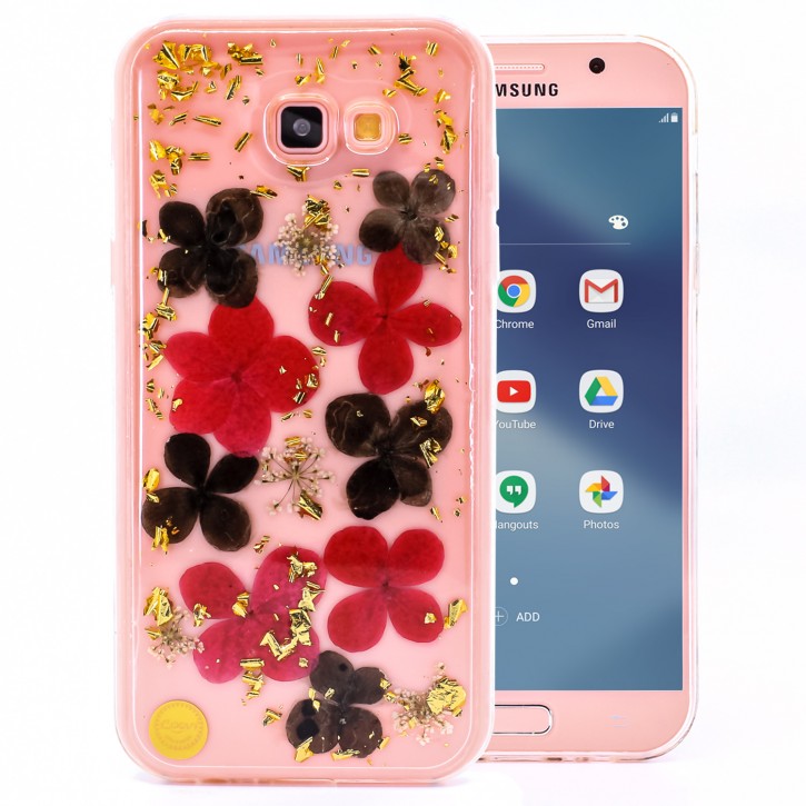 COOVY® Cover für Samsung Galaxy A7 SM-A720 / SM-A720F (Model 2017) dünnes TPU Silikon Bumper Case, Hülle, Slim, Glitzer-Design mit echten getrockneten Blüten | 