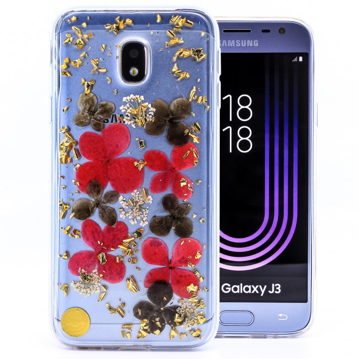 COOVY® Cover für Samsung Galaxy J3 SM-J330G / SM-J330F/DS (Model 2017) / J3 pro dünnes TPU Silikon Bumper Case, Hülle, Slim, Glitzer-Design mit echten getrockneten Blüten | 