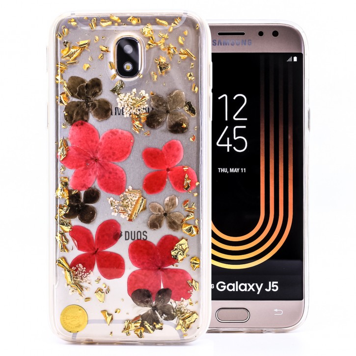COOVY® Cover für Samsung Galaxy J5 SM-J530 / SM-J530F/DS (Model 2017) / J5 pro dünnes TPU Silikon Bumper Case, Hülle, Slim, Glitzer-Design mit echten getrockneten Blüten | 
