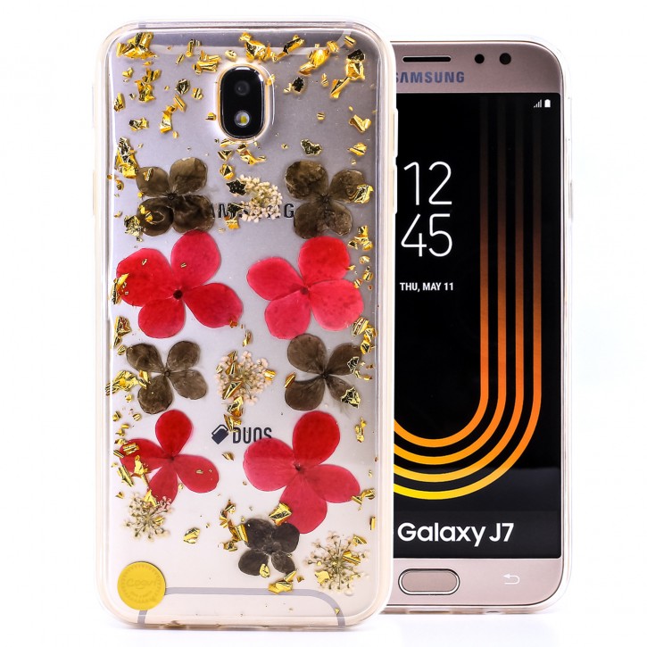 COOVY® Cover für Samsung Galaxy J7 SM-J730GM / SM-J730F/DS (Model 2017) / J7 pro  dünnes TPU Silikon Bumper Case, Hülle, Slim, Glitzer-Design mit echten getrockneten Blüten | 