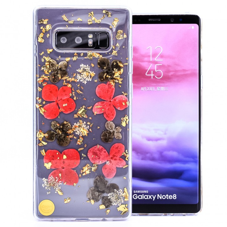 COOVY® Cover für Samsung Galaxy Note 8 SM-N950 / SM-N950F / SM-N950FD dünnes TPU Silikon Bumper Case, Hülle, Slim, Glitzer-Design mit echten getrockneten Blüten | 