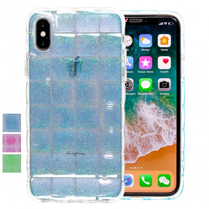 COOVY® Cover für Apple iPhone X / Xs leichtes TPU Silikon Bumper Case, Hülle, Slim, im Luftkissen Design mit Glitzer Regenbogen-Effekt | 