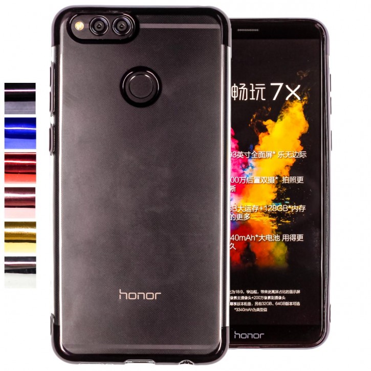 COOVY® Cover für Huawei Honor 7x leichtes, ultradünnes TPU Silikon Bumper Case, transparente Hülle, Chrom Rahmen | 